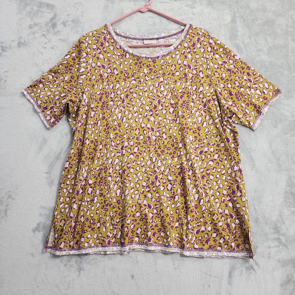 Logo Lori Goldstein Shirt Women 1X Yellow Purple Animal Print Short Sleeve Tunic